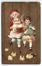 1915 HAPPY EASTER CHILDREN EGGS BABY CHICKS EMBOSSED GILDED POSTCARD P2493 picture