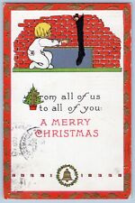 Postcard c1914 Christmas Fire place Cute Kid Black Stocking  #C11 picture