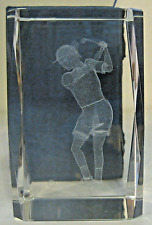 Woman Golfer Paperweight Lady Golfing Crystal Glass Cube 3D Laser Etched  picture