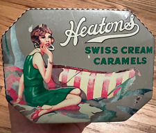 Heaton's Swiss Cream Carmels Tin Lid Lady Pin Up Talking on Phone England picture