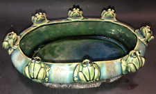 Antique English Majolica Green Glazed Ceramic Oval Frog Planter Bowl P301PF picture