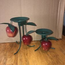 Adorable Vintage Metal Candleholders Green With 3-D Apples ￼fun picture