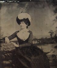 C.1890s Tintype Beautiful Woman W Large Floral Hat Victorian Dress D30117 picture