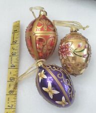 Set of 3 Eggs Glass Ornaments Egg Shaped  Handpainted Jeweled Purple Red Gold 4