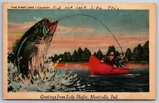 Exaggerated~Greetings From Lake Shafer Indiana~Giant Fish Scene~PM 1943~Postcard picture