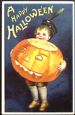 1909 A Happy Halloween Ellen Clapsaddle Young Boy Carries Giant Jack O Lantern picture