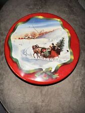 Vintage Round Metal Christmas Cookie Tin Red Sleigh 7 1/4” Diameter picture