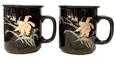 Vtg Pair Stoneware Interpur Lidded Cups Mugs Black W Lily Design Original Box picture