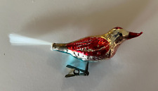 Vintage Blown Glass Red and Gold Bird Clip-on Christmas Ornament Spun Glass Tail picture