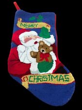 VTG Latch Hook Rug Merry Christmas Stocking Santa & Teddy Bear approx 19