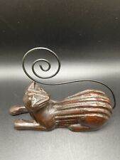Wood Carved Cat Kitten Photo Card Holder Wire Tail Figure Figurine 4.5” X 1.5” picture