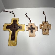 Lot of 3 Christian Cross Suncatcher - Fused Glass w/Metal Insert & Clay Beads picture