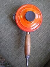 Vintage Le Creuset Cousances Sauce Pan #12 Orange With Lid Wood Handle Damage  picture