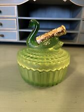 Vintage Jeanette Green Glass Swan Covered Powder Candy Dish Lipstick Holder picture