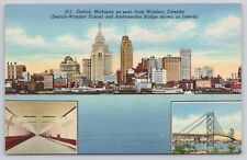 Detroit Michigan Seen from Windsor Canada Tunnel Bridge Inserts Linen Postcard picture