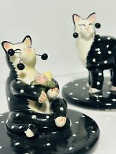 2 Amy LACOMBE Whimsiclay Black&White Polka Dot Cat Figurines READ picture