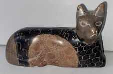 Black and Brown Hand Carved  Soapstone Cat Feline Figure Made in Kenya picture