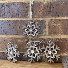 Beaded Snowflake Ornaments Set Of 4 Clear And White Beads On Silver Color Metal picture