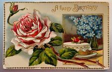 Birthday Greetings postcard Gold Gilt Rose, Cake and Forget Me Nots Flowers picture
