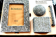 Bombay 4 piece beaded desk set , sparkly frame, trinket box, pen holder, pen NIB picture