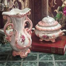 Large Iridescent Pink Floral Lusterware Vase and Covered Dish picture