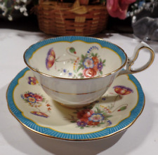 Vintage Aynsley Tea Cup & Saucer England Blue Trim Floral Rare Unique picture