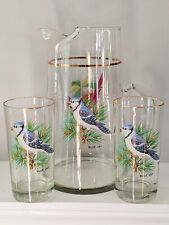 Blue Jay And Cardinal Glass Pitcher And Two Glasses EXCELLENT VINTAGE Birds picture