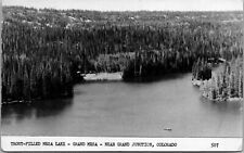 Grand Junction CO Aerial Trout Filled Lake Grand Mesa Boater Trees Postcard picture