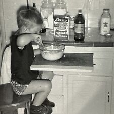 VINTAGE PHOTO Wayne mixing his own pancakes CAPTIONED Original Snapshot 1950s picture