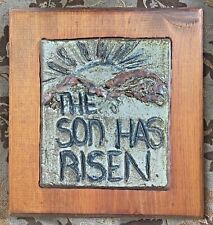 THE SON HAS RISEN - Vintage Wooden Frame Stone Carved Hanging Wall Sign / Plaque picture