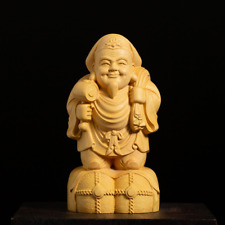 10CM Tall Daikokuten Boxwood Sculpture God of Wealth Wood Carving Statue picture