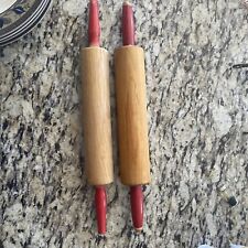 Lot of 2 Vintage Wood Rolling Pin with Red Handles Rustic Country Farmhouse picture