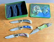 Wolf Themed Knife Set Boxed Tin 3 Folding & 1 Bonus Wolf Head Knife Fathers Day picture
