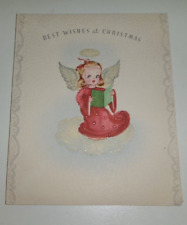 Vtg Christmas Card DARLING ANGEL BIG WINGS HALO SINGS w/ Glitter 1940's picture