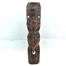 Maori Large Wood Carved Statue Figure Tiki Tekoteko Flute Abalone Eyes 15.5