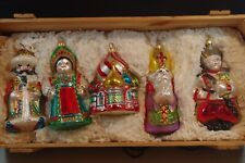 KOMOZJA POLONAISE COLLECTION RUSSIAN GLASS SET 5 HAND BLOWN ORNAMENTS WOOD BOX picture