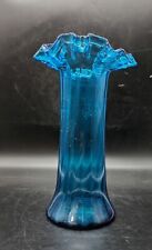 Vintage Brilliant Blue Turquoise Optic Ribbed  12in Vase Ruffled Crimped Rim  picture