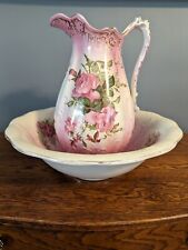 Antique K T & K Co Victorian Wash Basin and Pitcher Set with Gorgeous Pink Roses picture