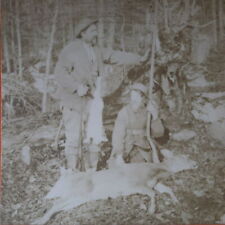 c1900 Hunters w/Game Deer & Rabbit in Wooded Area Stereoview Kilburn Bros 70 picture