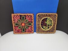 2 Vintage Colorful Boho Hot Pad Trivets Woven Wicker Straw Raffia picture
