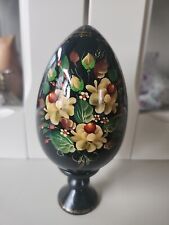 Russian Black Lacquer Wood Egg Hand Painted With Stand Vintage 5