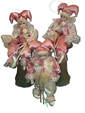 VTG Brinn Harlequin Ornament Dolls 3 With Real Feathers & Faux Pearls Poseable picture