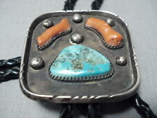 EXTRAORDINARY VINTAGE NAVAJO TURQUOISE CORAL STERLING SILVER BOLO picture