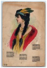 c1905 Pretty Woman Native American Feather Handpainted Calendar Antique Postcard picture