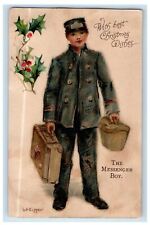 1910 Christmas Wishes The Messenger Boy Holly Berries L.J. Kipper Postcard picture