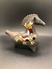 Ocarina Gray Clay Pottery Sea Horse Flute Whistle Enamel Design Russian? Signed picture