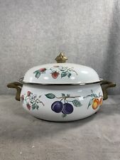 Vintage Enamelware Cookware Saucepan Cream Fruit Motif With Brass With Handles picture