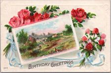 Vintage 1910s BIRTHDAY GREETINGS Embossed Postcard House Scene / Red Roses picture