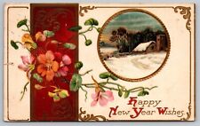 Postcard: New Year / Christmas, Embossed, Gilt, Floral Winter Scene, Posted 1908 picture