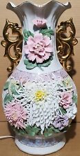 Capodimonte Large Porcelain Reticulated Pierced Vase/Lamp Urn Flowers Gold 17